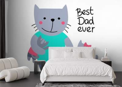 Father cat with little cute kitten daughter and son. Happy Father`s day flat vector greetings card Wall mural